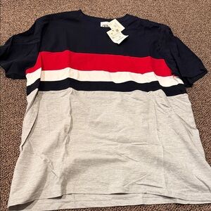 Zara Men's Striped T-Shirt - Navy, Red, and Gray